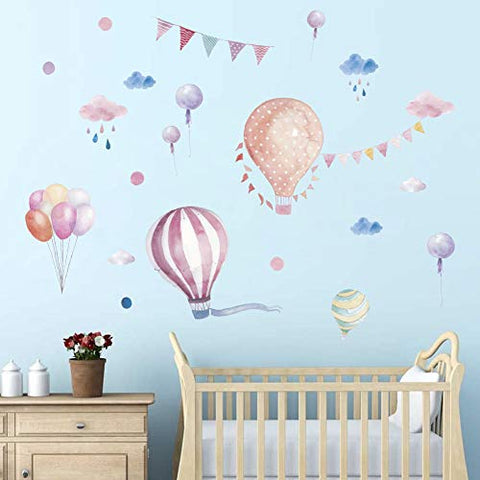 Colourful Hot Air Balloons Wall Decals, Watercolor Cloud Raindrop Balloon Wall Stickers,3D DIY Lettering Art Decor for Kids Nursery Classroom Bedroom Living Room,Peel and Stick Removable Wall Stickers