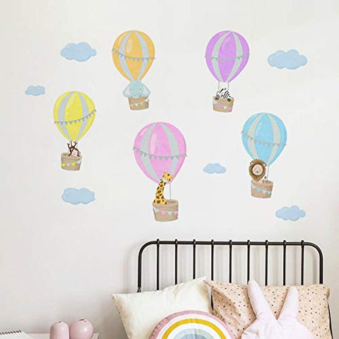 Runtoo Hot Air Balloon Animals Wall Decals Monkey Elephant Giraffe Wall Stickers for Kids Bedroom Baby Nursery Wall Art Décor