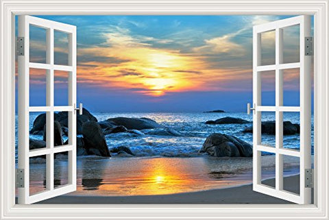 AlexArt 3D Window Decal Wall Stickers Sunset Seaside Home Decor Mural Art Vinyl Wallpaper 32"X48"
