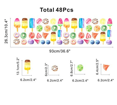 TOARTi Donuts and Ice Cream Wall Decal (48Pcs), Fruit Dessert Popsicle Sticker for Nursery Fridge Decoration, Colorful Summer Sticker for Children’s Day Decor
