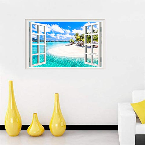 Amtoodopin 3D Beach Seascape Fake Windows Wall Stickers Removable Faux Windows Wall Decal Landscape Wall Decor for Livingroom Bedroom (Beach Seascape)