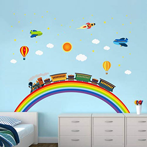 Rainbow Train Wall Stickers DIY Rocket Airplane Wall Decals Art Decor for Kids Nursery Bedroom Living Room