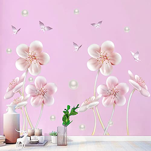Supzone Large Pink Flower Wall Stickers 3D Floral Wall Decals Butterfl