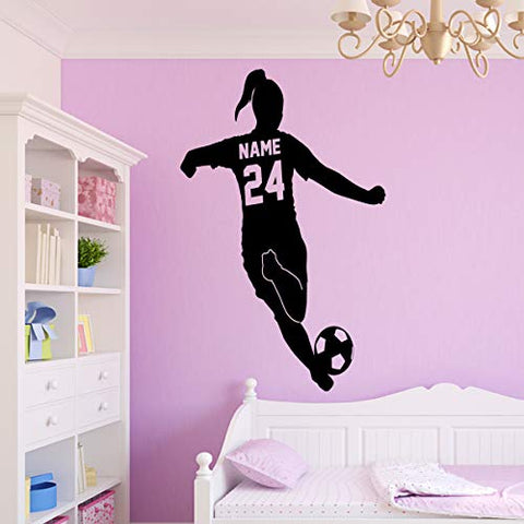 Custom Name Girls Soccer Player Wall Decal with Personalized Name and Soccer Ball