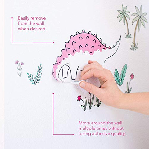 Kindred Jo Dinosaur Wall Decals for Girls Bedroom – Pink Dinosaur Wall Stickers with Flowers Trees & Volcano – Removable Vinyl Peel & Stick Dinosaur Decor