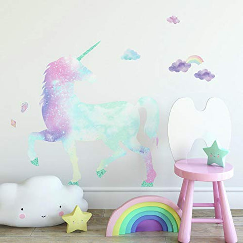 RoomMates Galaxy Unicorn Peel And Stick Giant Wall Decal With Glitter, Pink, Blue, Purple, Aqua , 1 Sheet At 36.5 Inches X 17.25 Inches And 1 Sheet At 9 Inches X 36.5 Inches - RMK3845GM