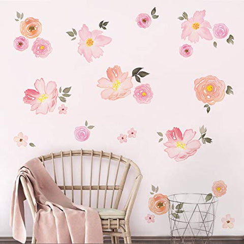 decalmile Pink Flower Wall Decals Watercolor Blooming Peony Floral Wall Stickers Girls Bedroom Wedding Party Decoration