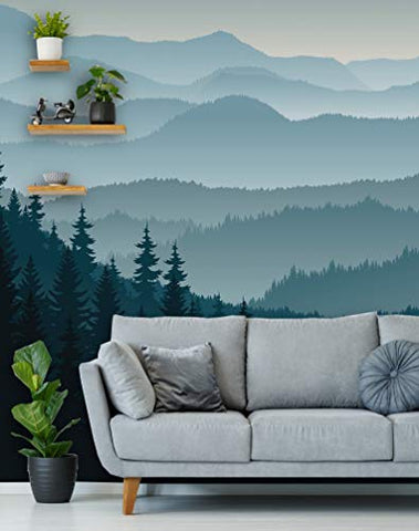 Removable Peel 'n Stick Wallpaper, Self-Adhesive Wall Mural, 3D Mountain Mural Wallpaper, Nursery • Ombre Blue Mountain Pine Forest Trees (24"W x 96"H Inches)