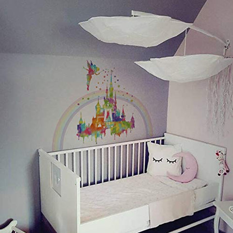 decalmile Watercolor Rainbow Castle Wall Stickers Fairy Princess Wall Decals Girls Bedroom Baby Nursery Wall Decor