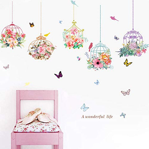 Colorful Garden 3D Vivid Plants Flower Wall Stickers Living Room Fower Butterfly Bonsai Wall Decals DIY Mural Art Posters(Bird Cage)