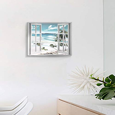 Open Windows Canvas Wall Art: Beach with Coastal Palm Graphic Artwork Print on Wrapped Canvas for Wall Decor(24''x18'')