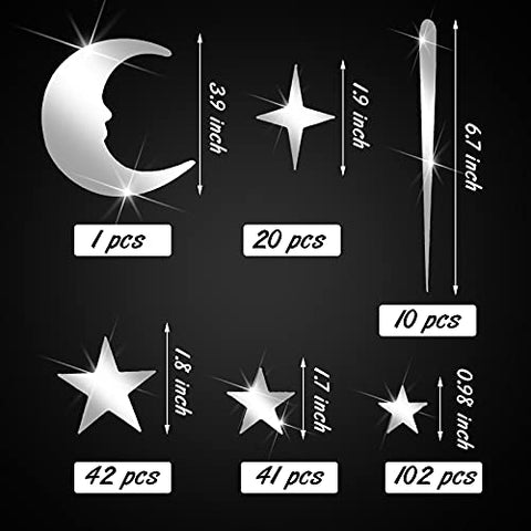 216 Pieces Moon Stars Wall 3D Stickers Acrylic Mirror Wall Decals Decor Silver Removable for Kids Bedding Room Ceiling Wall Decoration