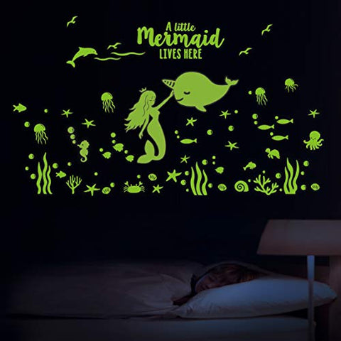 Glow in The Dark Mermaid Narwhal Fish Wall Stickers, Under The Sea Party Wall Decal