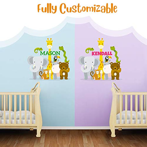 Multiple Font Custom Name Jungle Animals - Baby Boy Wall Decal Nursery for Home Bedroom Children (MM104V2)