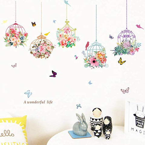 Colorful Garden 3D Vivid Plants Flower Wall Stickers Living Room Fower Butterfly Bonsai Wall Decals DIY Mural Art Posters(Bird Cage)