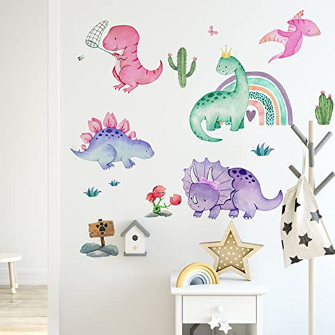 Yovkky Watercolor Girls Dinosaur Wall Decals Stickers, Dino Rainbow Pink Purple Cactus Nursery Decor, Tropical Plant Home Decorations Kids Playroom Bedroom Toddler Baby Shower Room Art Gift
