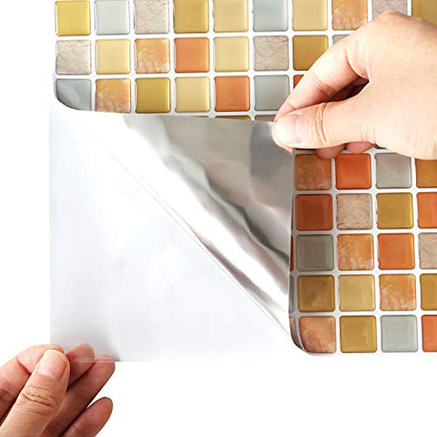 Yoillione 3D Mosaic Tile Sticker Removable Wallpaper Tile Yellow, 3D Self Adhesive Wall Tiles Bathroom Wall Tiles for Kitchen Backsplash Yellow, PVC Square Decorative Vinyl Tile Decals, 4 Sheets
