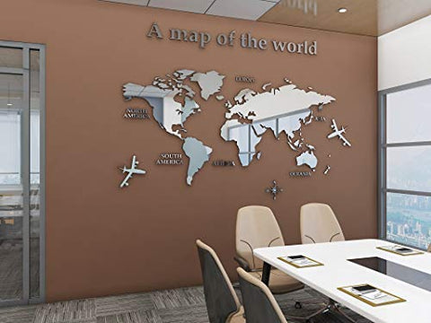 KINBEDY Acrylic 3D Wall Stickers Silver World Map Wall Decal Easy to Install &Apply DIY Decor Sticker Home Art Decor Silver.
