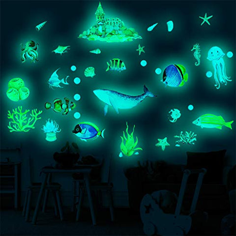 cnnIUHA Ocean Theme Glow in The Dark Wall Stickers, Luminous Sea Wall Decals Mural, for Kids Room Kindergarten Nursery Pre School Décor, Vinyl PVC DIY Wall Art