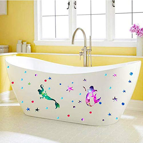 2 Pieces Starry Sky Mermaid Wall Decals Stickers PVC Girls Wall Decals with Mermaid Starfish Ocean Theme Decoration Creative Mermaids Decorative Peel and Stick Wall Decals for Nursery Bathroom