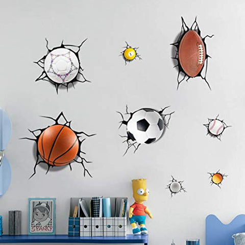 U-Shark 3D Self-adesive Removable Break Through The Wall Vinyl Wall Stickers/Murals Art Decals Decorator Kid's Favor (2080 Sports Basketball Football Soccer Tennis(50x70cm))
