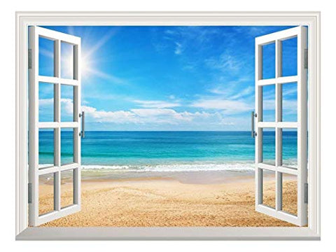 Wall26 Removable Wall Sticker/Wall Mural - Beautiful Summer Seascape and The Beach | Creative Window View Home Decor/Wall Decor - 24"x32"