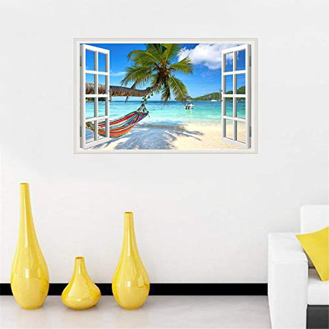 Beach Seascape Window Wall Sticker Palm Tree and Hammock Fake Window Wall Decals Removable Tropical Sea Window View Wall Stickers Decal for Living Room