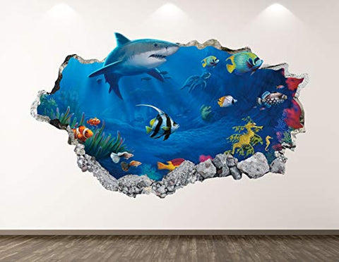 West Mountain Shark Wall Decal Art Decor 3D Smashed Aquarium Sticker Poster Kids Room Mural Custom Gift BL130 (22" W x 14" H)
