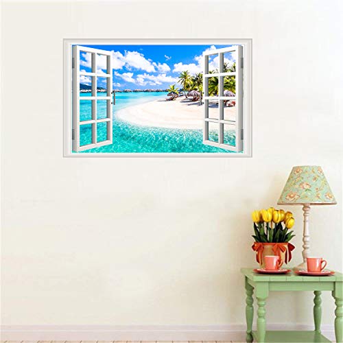 Amtoodopin 3D Beach Seascape Fake Windows Wall Stickers Removable Faux