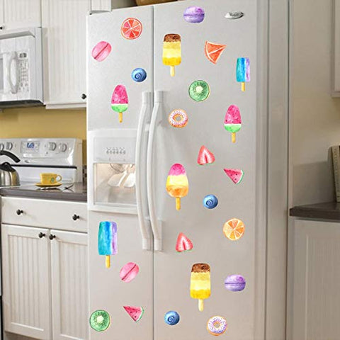 TOARTi Donuts and Ice Cream Wall Decal (48Pcs), Fruit Dessert Popsicle Sticker for Nursery Fridge Decoration, Colorful Summer Sticker for Children’s Day Decor