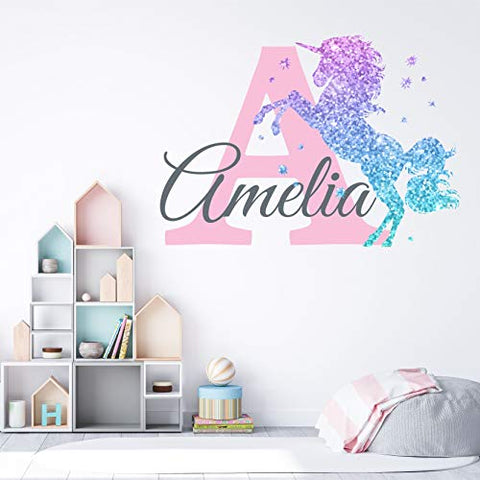 Girls Nursery Glitter Shimmer Sparkle Printed Unicorn Name and Initial Personalized Custom Name Vinyl Wall Decal, Wall Decor Sticker (X-Large)