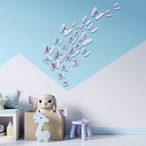 48 Pieces Glitter 3D Butterfly Wall Stickers Removable Butterfly Wall Decals Butterfly Decorative Stickers Bling Lively Butterfly Wall Mural for DIY Party Office Home Room Decoration, White