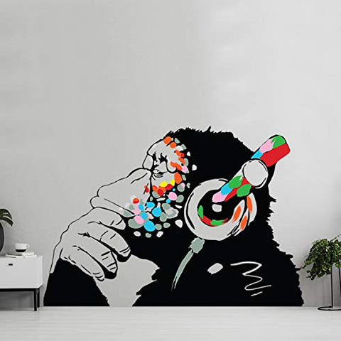 Banksy Thinking Monkey Sticker - Art Vinyl Street Dj Baksy Wall Decal - Headphones Chimp Music Thinker Graffiti Mural - Boy Smart Decals