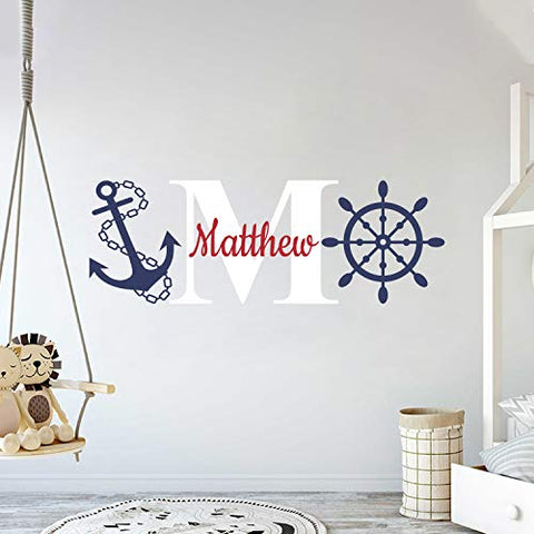 Multiple Font Custom Name & Initial Rudder & Anchor - Nautical Theme - Baby Boy - Wall Decal Nursery for Home Bedroom Children (V2)