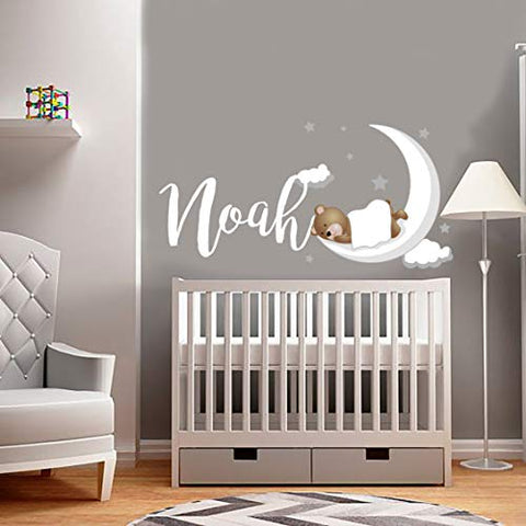 Custom Name Bear Moon Nursery Wall Decal - WM07. Removable Nursery Wall Decal for Baby Room - Mural Wall Decal for Kids (Wide 22" x 11" Height)
