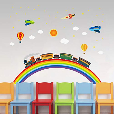 Rainbow Train Wall Stickers DIY Rocket Airplane Wall Decals Art Decor for Kids Nursery Bedroom Living Room