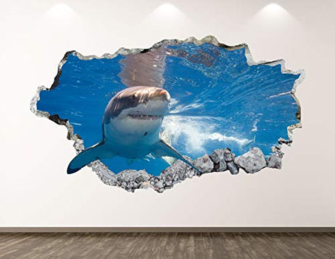 West Mountain Shark Wall Decal Art Decor 3D Smashed Kids Animal Sticker Mural Boys Custom Gift BL26 (22" W x 14" H)