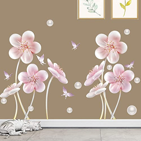 Supzone Large Pink Flower Wall Stickers 3D Floral Wall Decals Butterfly Flying Wall Art Sticker for Bedroom Living Room Offices Sofa Backdrop TV Wall Home Decoration