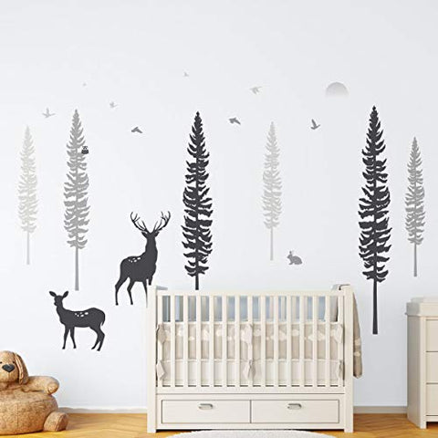 Timber Artbox Nursery Wall Decal - Dreamy Forest with Pine Tree, Animals & Deer - DIY Impressive Children Room