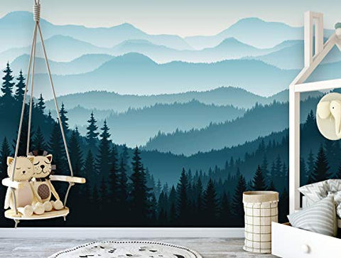 Removable Peel 'n Stick Wallpaper, Self-Adhesive Wall Mural, 3D Mountain Mural Wallpaper, Nursery • Ombre Blue Mountain Pine Forest Trees (24"W x 96"H Inches)