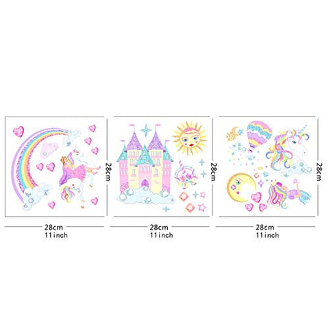 Castle Unicorn Wall Decals Princess Reflective with Heart Rainbow Vinyl Wall Stickers Gifts for Baby Girls Bedroom Party Decoration (2PCS)