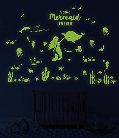 Glow in The Dark Mermaid Narwhal Fish Wall Stickers, Under The Sea Party Wall Decal