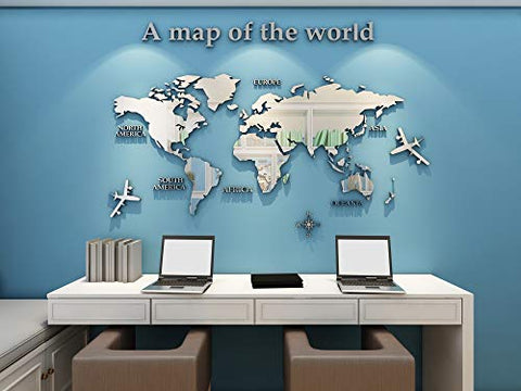 KINBEDY Acrylic 3D Wall Stickers Silver World Map Wall Decal Easy to Install &Apply DIY Decor Sticker Home Art Decor Silver.