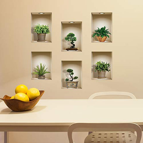 THE NISHA 6 PC Pack Art Magic Pictures Peel and Stick 3D Vinyl Removable Wall Sticker Decals DIY Sticky Backsplash (Lighting Spots), Bonsai and Green Plants 610