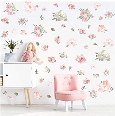 TOARTi Watercolor Pink Flowers Wall Decal, Blooming Peony Floral Flowers Sticker for Girls Bedroom Wedding Party Decoration (56pcs Colorful Flowers)