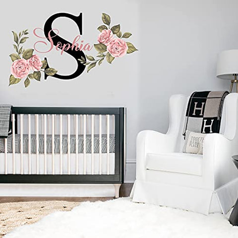 Name and Initial Peonies Wall Decal - Kids Wall Decor - WM33. Custom Name Removable Nursery Wall Decal for Girl - Flower Mural Wall Decal for Girls Bedroom