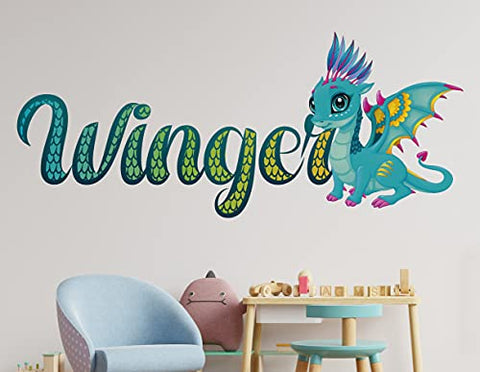 Cute Dragon Wall Decal, Custom Name, Crew Dragon Nursery Wall Sticker, 3D Print, Wallpaper, Baby Home Decor Bedroom, Wall Art Smash KA518 (Giant 52 W x 18 H in)