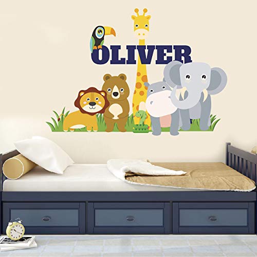 Custom Name Jungle Animals Baby Boy Girl Wall Decal Animals Wall Decor Zoo Theme Wall Decal Removable Nursery Wall Decal for Kids Room