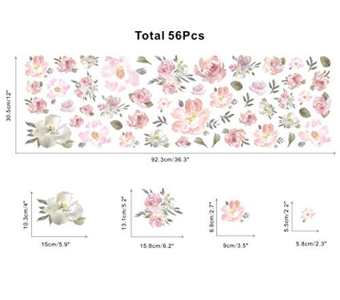 TOARTi Watercolor Pink Flowers Wall Decal, Blooming Peony Floral Flowers Sticker for Girls Bedroom Wedding Party Decoration (56pcs Colorful Flowers)