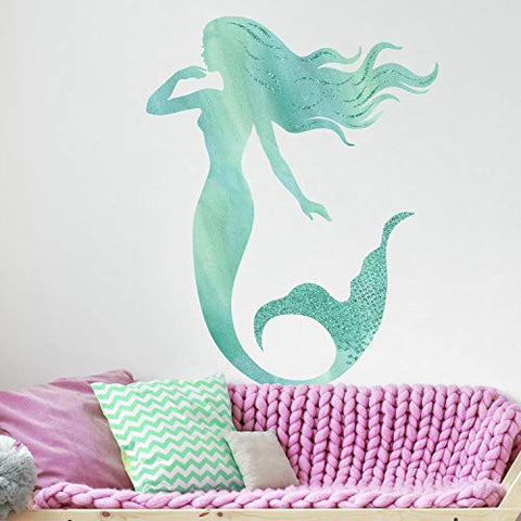 RoomMates Glitter Mermaid Peel and Stick Giant Wall Decals,Blue, Aqua, Teal